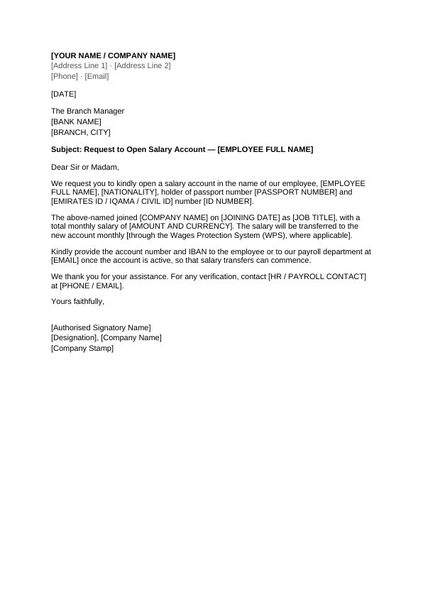 Preview of Company Letter for Bank Account Opening