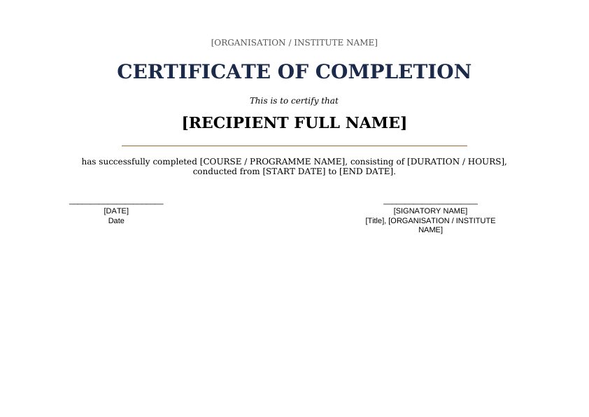 Preview of Certificate of Completion