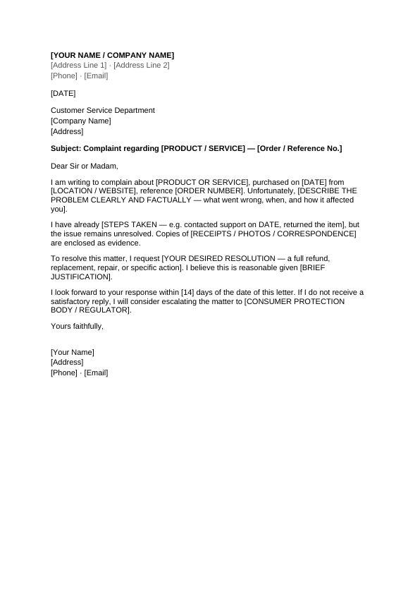 Preview of Complaint Letter Template
