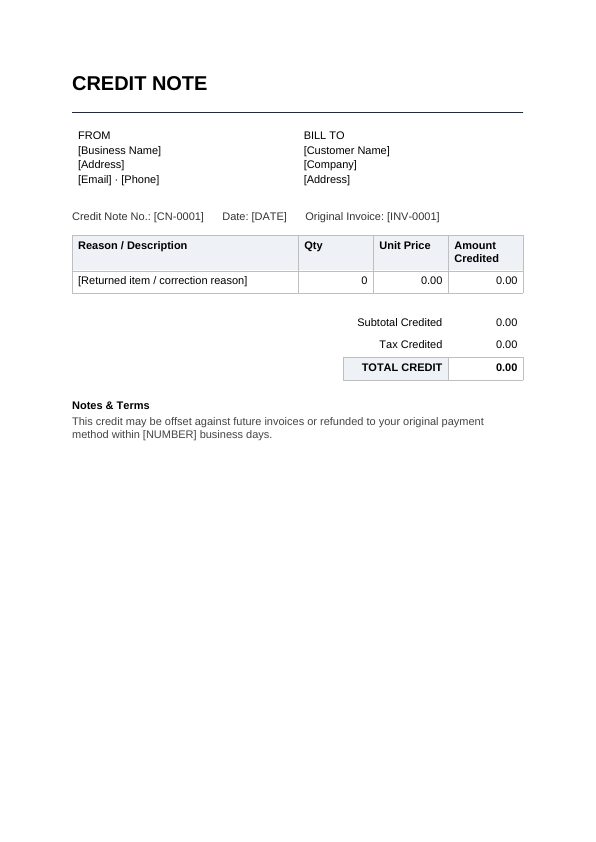 Preview of Credit Note Template