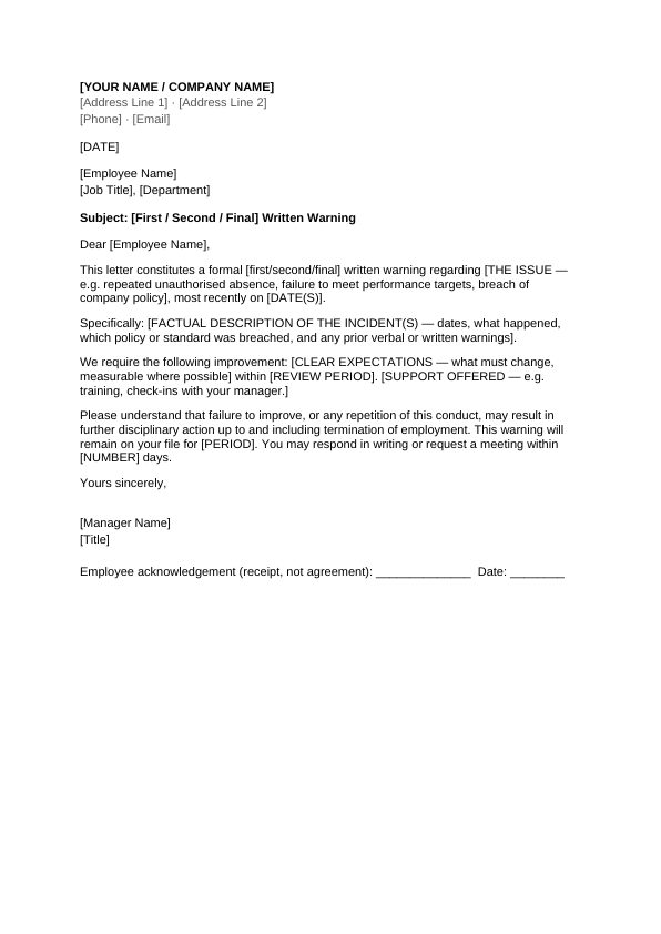 Preview of Employee Warning Letter
