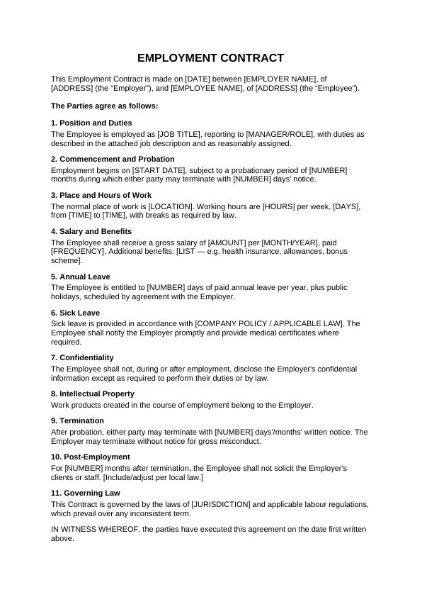Preview of Employment Contract Template