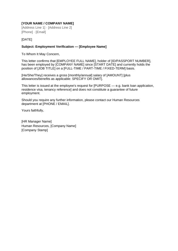 Preview of Employment Verification Letter