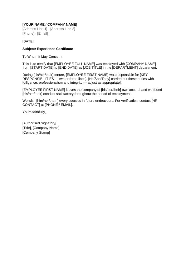 Preview of Experience Certificate Template