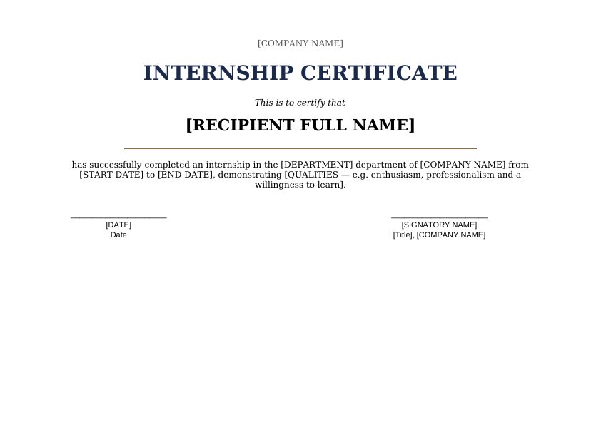 Preview of Internship Certificate Template