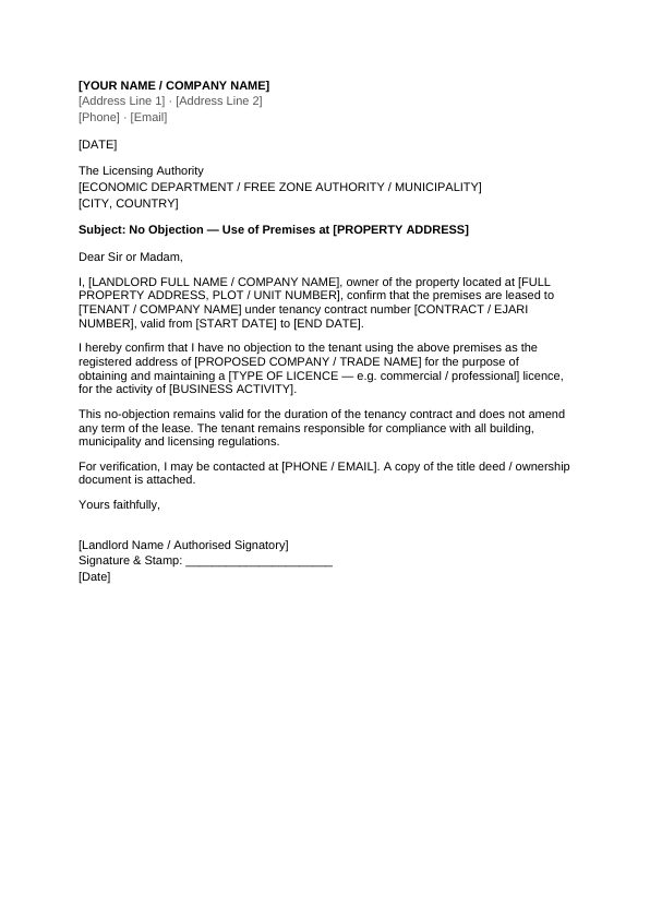 Preview of NOC Letter from Landlord (Business Premises)