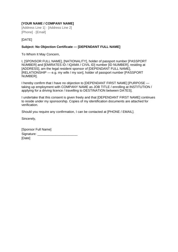 Preview of NOC Letter from Sponsor (Family)
