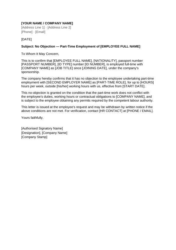 Preview of NOC Letter for Part-Time Work