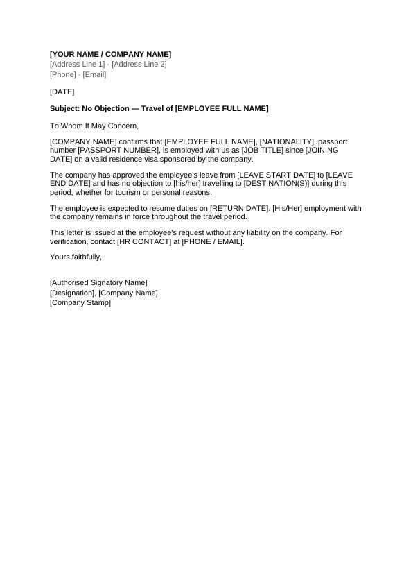 Preview of NOC Letter for Employee Travel