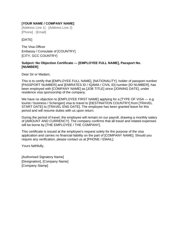 Preview of NOC Letter for Visa Application