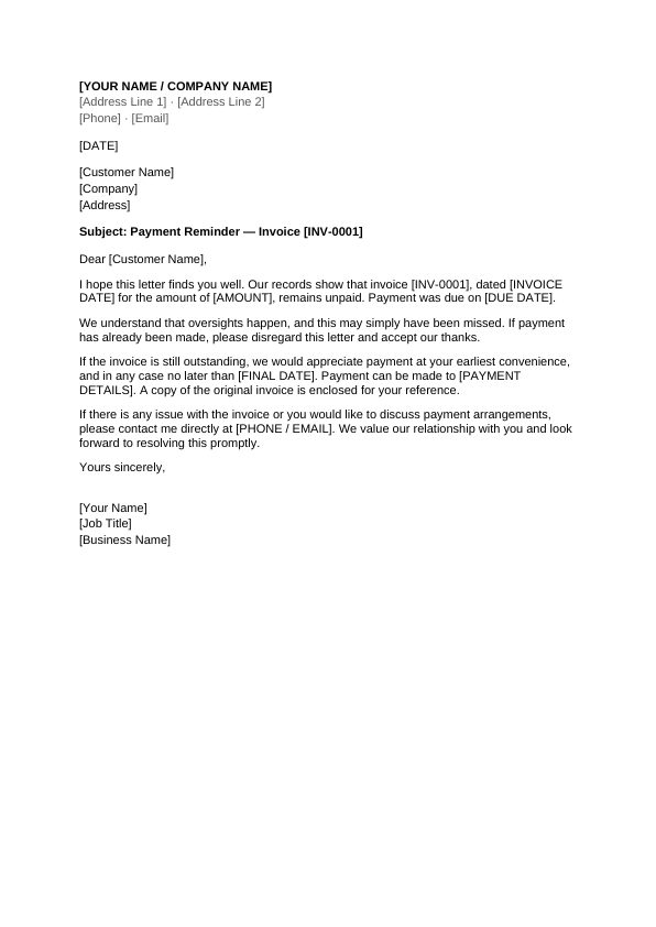 Preview of Payment Reminder Letter