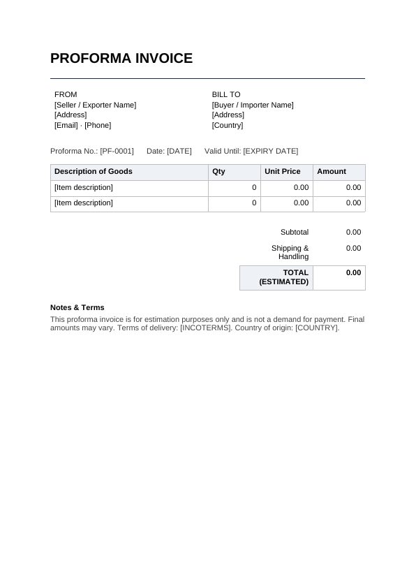 Preview of Proforma Invoice Template