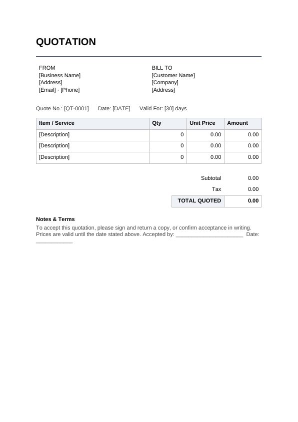 Preview of Quotation / Estimate Template