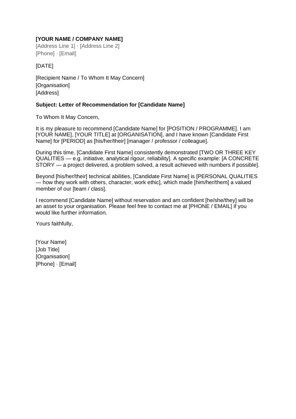 Preview of Letter of Recommendation