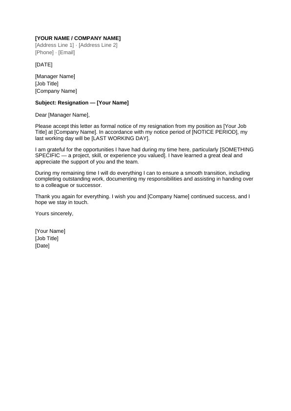 Preview of Resignation Letter Template