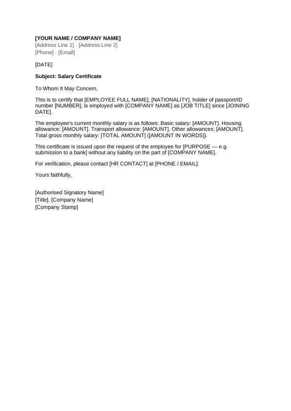 Preview of Salary Certificate Template