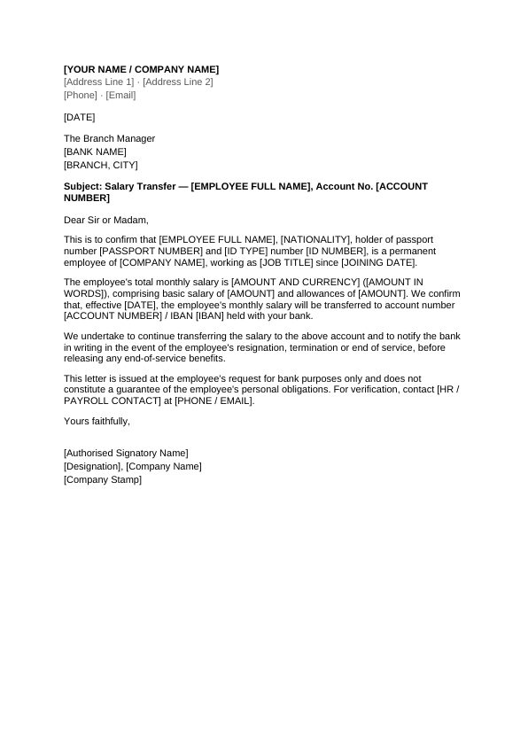 Preview of Salary Transfer Letter to Bank