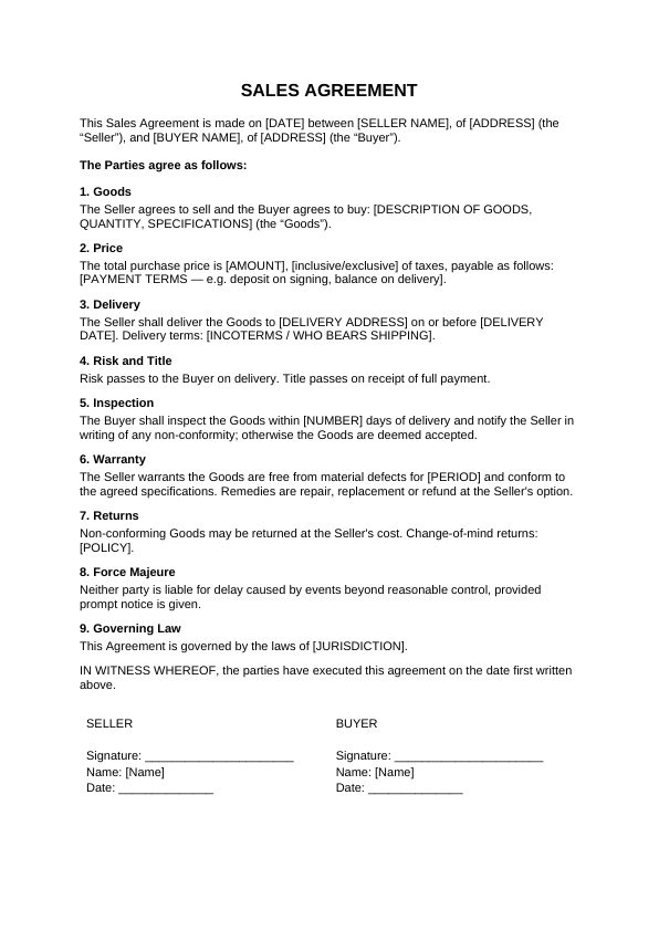 Preview of Sales Agreement Template