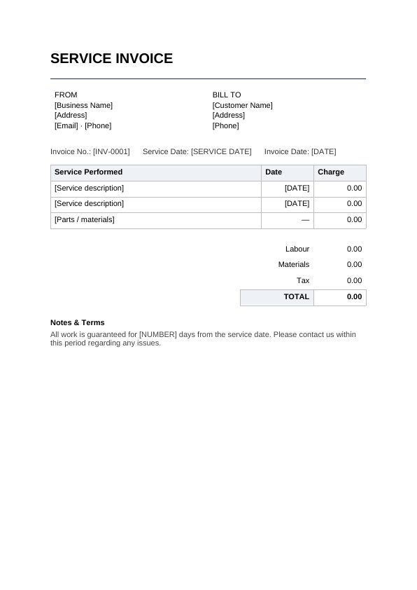 Preview of Service Invoice Template
