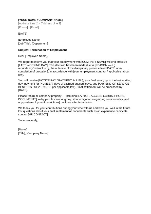 Preview of Termination Letter Template