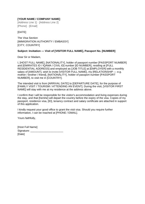 Preview of Visit Visa Invitation Letter
