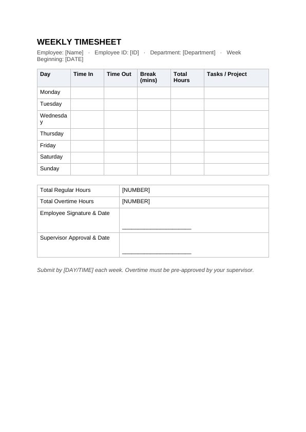 Preview of Weekly Timesheet Template